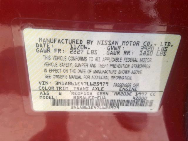 3N1AB61E47L625979 - 2007 NISSAN SENTRA 2.0 RED photo 10