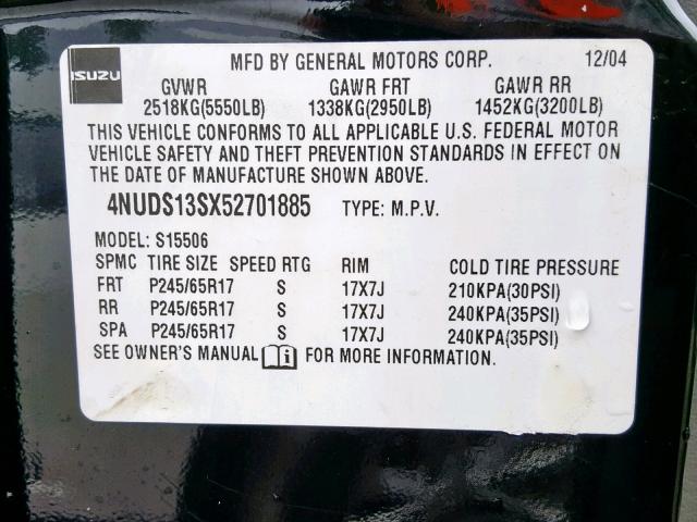 4NUDS13SX52701885 - 2005 ISUZU ASCENDER S 黑色 照片 10