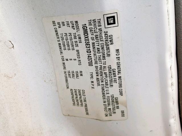 1GMDX03E31D143700 - 2001 PONTIAC MONTANA WHITE photo 10