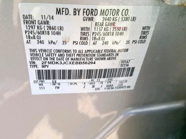 2FMDK3JCXEBB56294 - 2014 FORD EDGE SEL SILVER photo 10