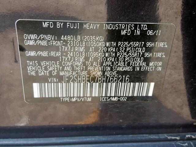 JF2SHBEC7BH766216 - 2011 SUBARU FORESTER L GRAY photo 10