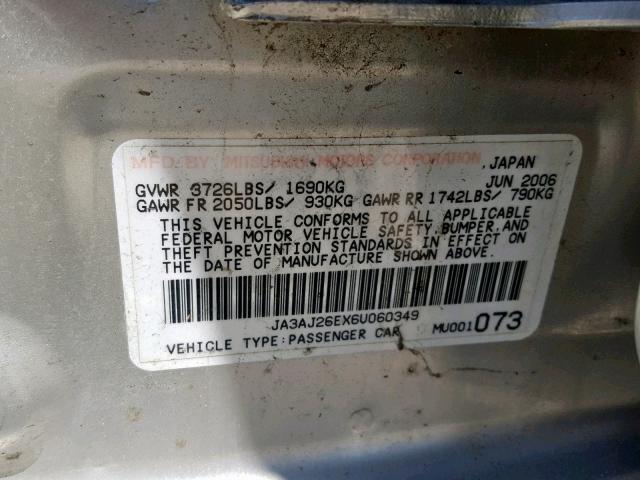 JA3AJ26EX6U060349 - 2006 MITSUBISHI LANCER ES SILVER photo 10