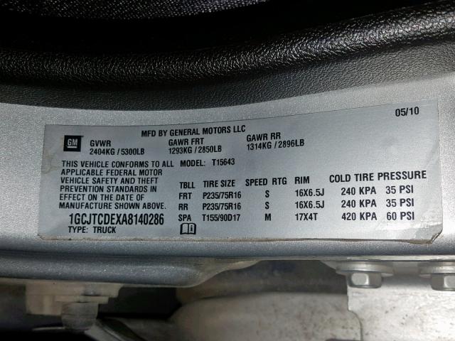 1GCJTCDEXA8140286 - 2010 CHEVROLET COLORADO L SILVER photo 10