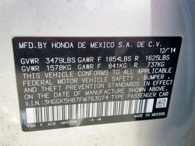 3HGGK5H87FM763074 - 2015 HONDA FIT EX SILVER photo 10