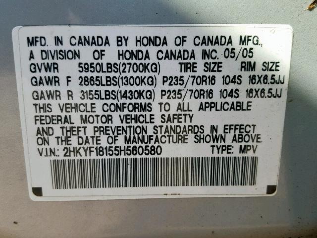 2HKYF18155H560580 - 2005 HONDA PILOT LX SILVER photo 10