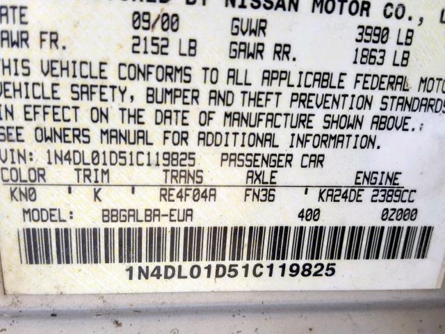 1N4DL01D51C119825 - 2001 NISSAN ALTIMA XE SILVER photo 10