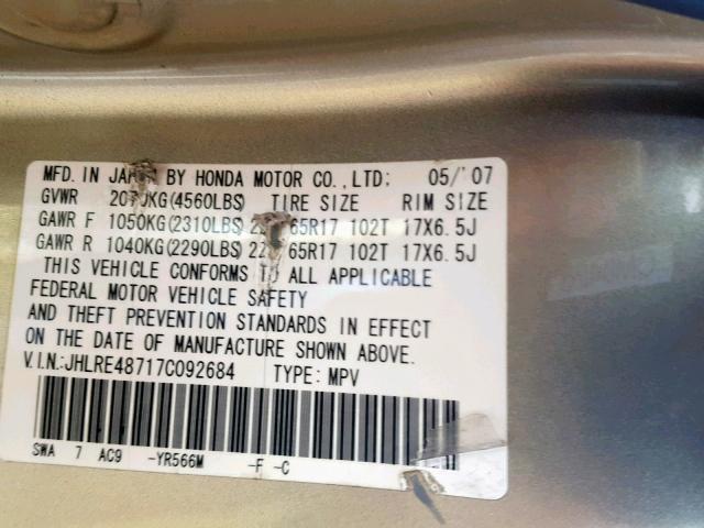 JHLRE48717C092684 - 2007 HONDA CR-V EXL GOLD photo 10