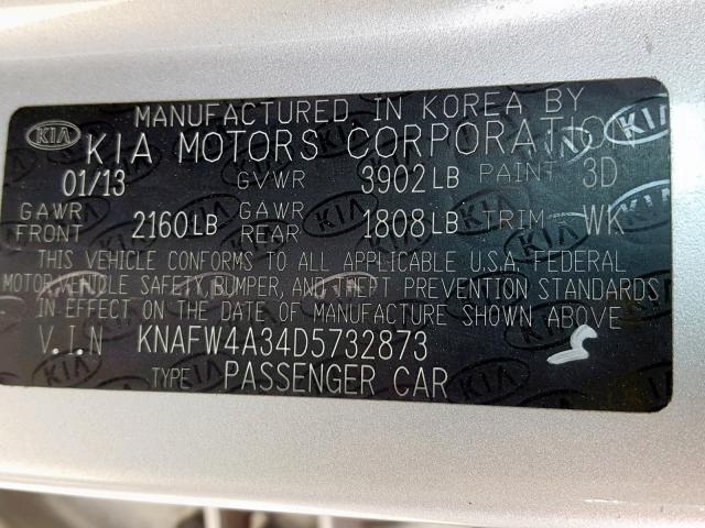 KNAFW4A34D5732873 - 2013 KIA FORTE SX SILVER photo 10