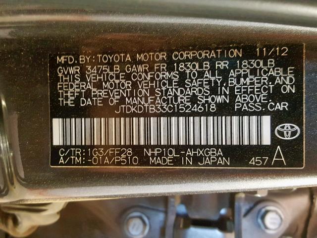 JTDKDTB33C1524618 - 2012 TOYOTA PRIUS C CHARCOAL photo 10