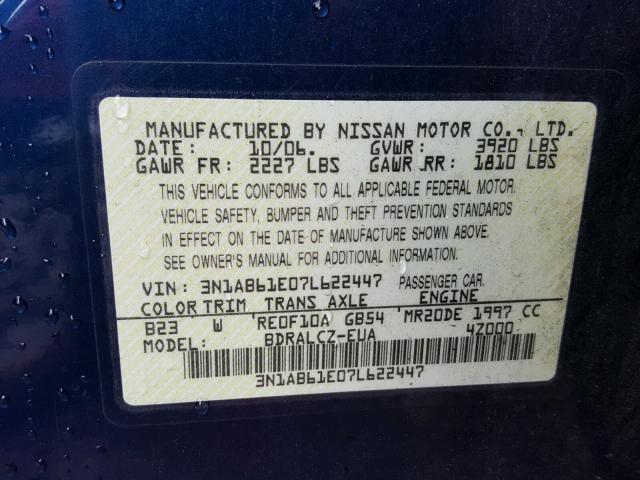 3N1AB61E07L622447 - 2007 NISSAN SENTRA 2.0 BLUE photo 10