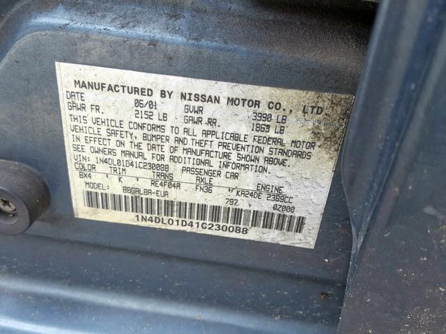 1N4DL01D41C230088 - 2001 NISSAN ALTIMA XE BLUE photo 10