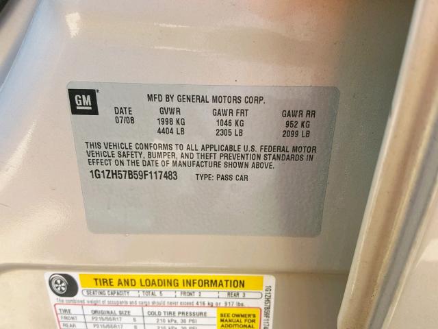 1G1ZH57B59F117483 - 2009 CHEVROLET MALIBU 1LT 金色 照片 10