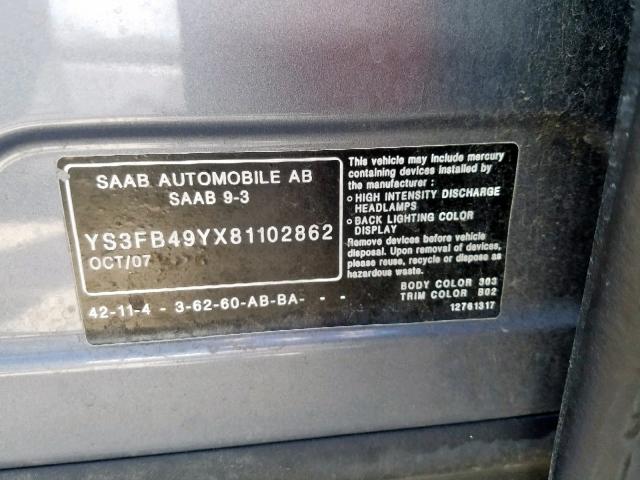 YS3FB49YX81102862 - 2008 SAAB 9-3 2.0T GRAY photo 10