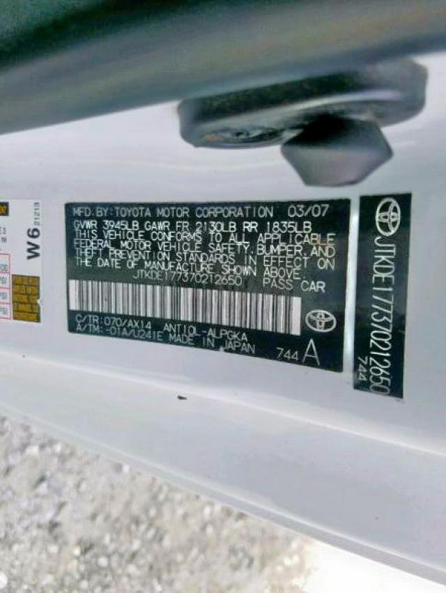 JTKDE177370212650 - 2007 TOYOTA SCION TC თეთრი ფოტო 10