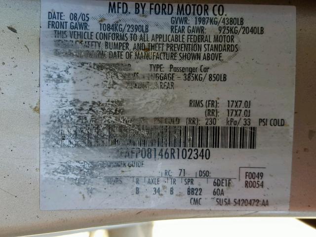 3FAFP08146R102340 - 2006 FORD FUSION SEL GOLD photo 10