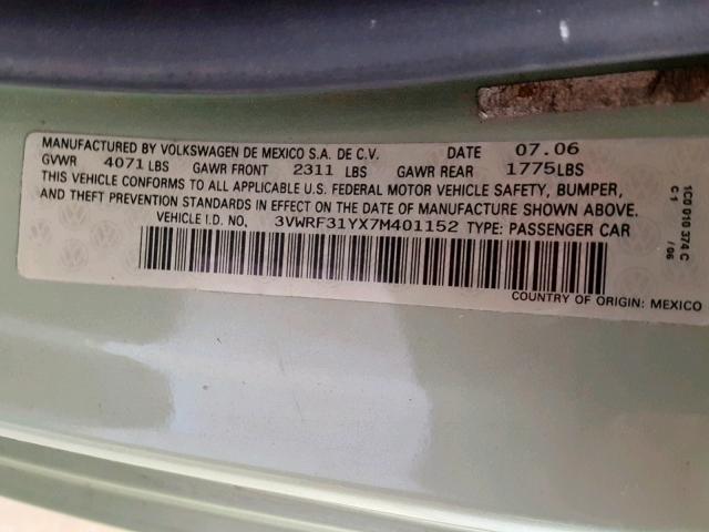 3VWRF31YX7M401152 - 2007 VOLKSWAGEN NEW BEETLE Կանաչ լուսանկար 10