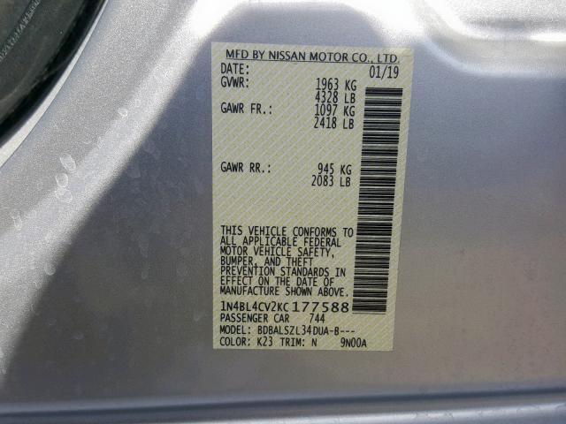 1N4BL4CV2KC177588 - 2019 NISSAN ALTIMA SR WHITE photo 10