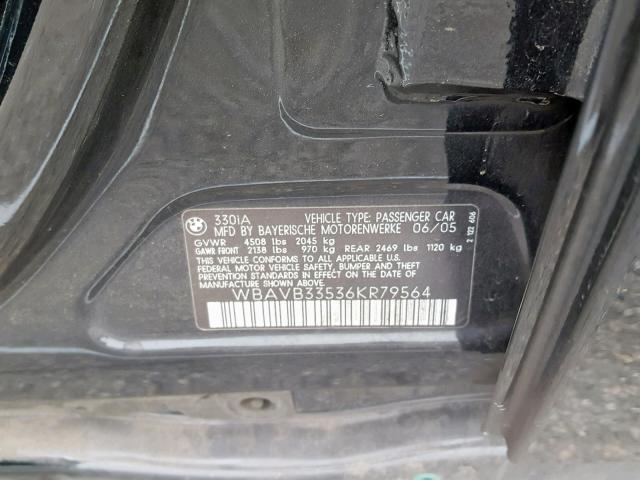 WBAVB33536KR79564 - 2006 BMW 330 I BLACK photo 10