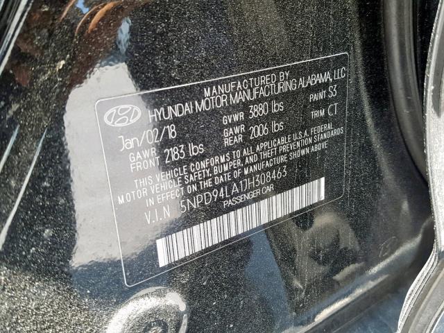 5NPD94LA1JH308463 - 2018 HYUNDAI ELANTRA EC BLACK photo 10