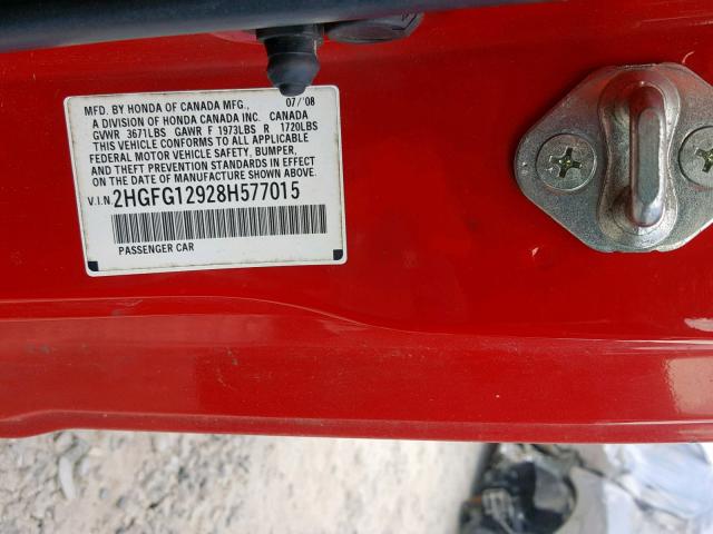 2HGFG12928H577015 - 2008 HONDA CIVIC EXL RED photo 10