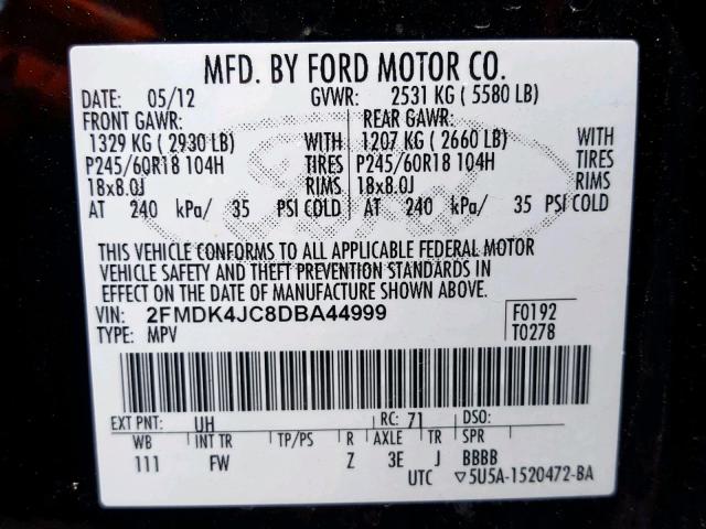 2FMDK4JC8DBA44999 - 2013 FORD EDGE SEL BLACK photo 10