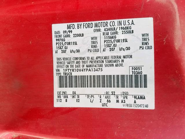 1FTYR10V4YPA13475 - 2000 FORD RANGER RED photo 10