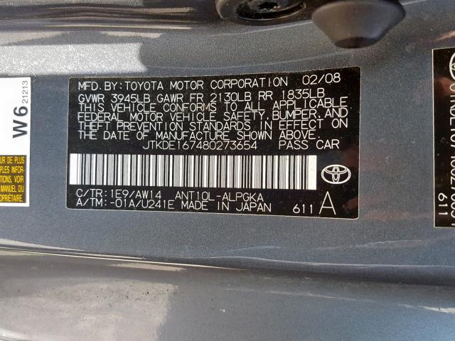 JTKDE167480273654 - 2008 TOYOTA SCION TC 灰色 照片 10