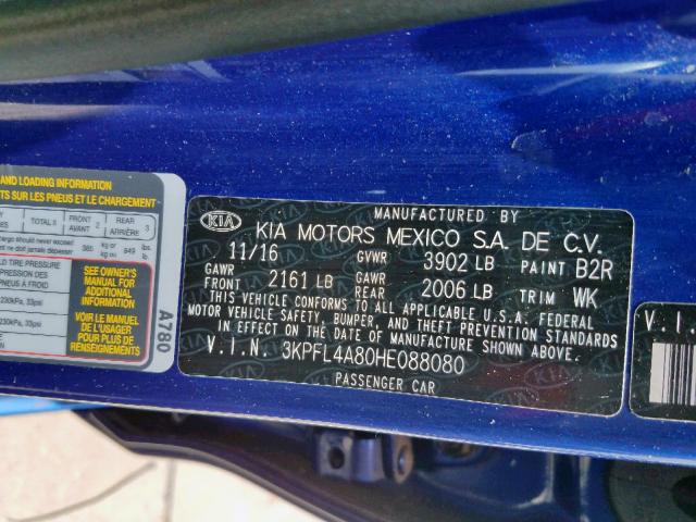 3KPFL4A80HE088080 - 2017 KIA FORTE EX BLUE photo 10