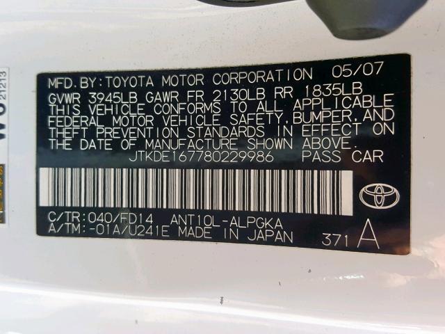 JTKDE167780229986 - 2008 TOYOTA SCION TC 白色 照片 10