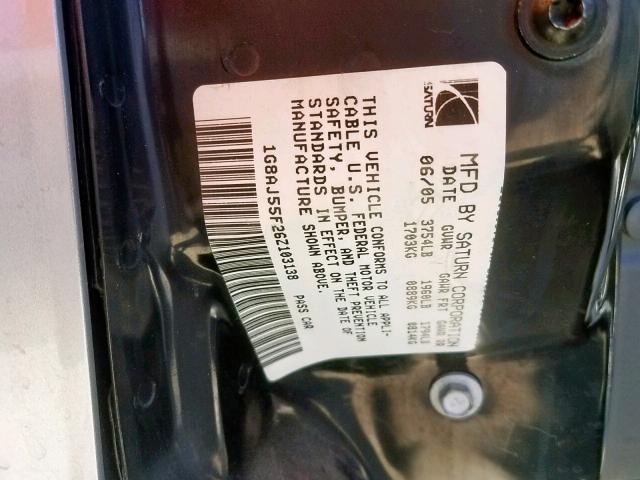 1G8AJ55F26Z103138 - 2006 SATURN ION LEVEL SILVER photo 10