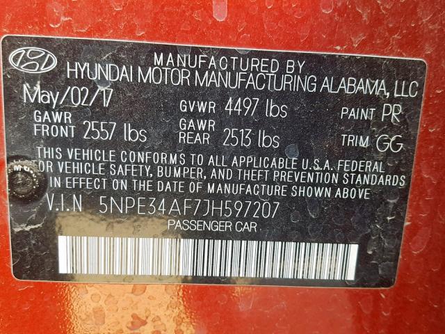 5NPE34AF7JH597207 - 2018 HYUNDAI SONATA SPO RED photo 10