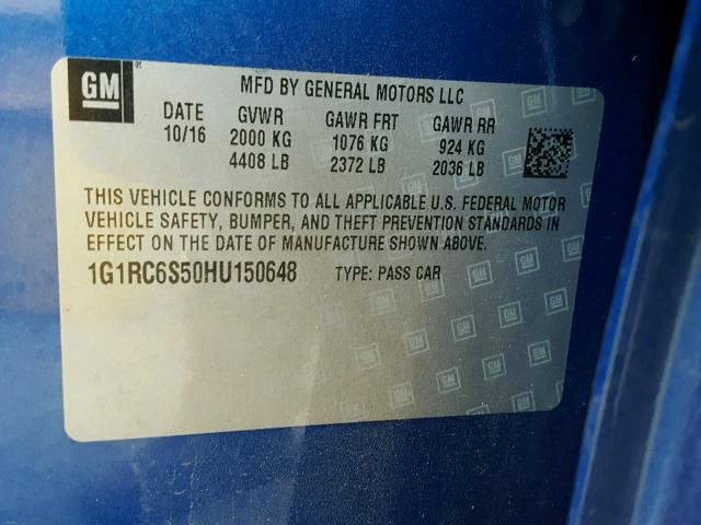 1G1RC6S50HU150648 - 2017 CHEVROLET VOLT LT BLUE photo 10