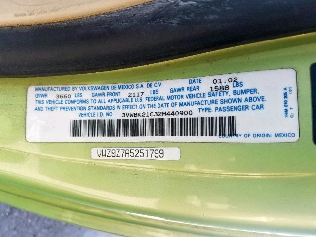 3VWBK21C32M440900 - 2002 VOLKSWAGEN NEW BEETLE მწვანე ფოტო 10