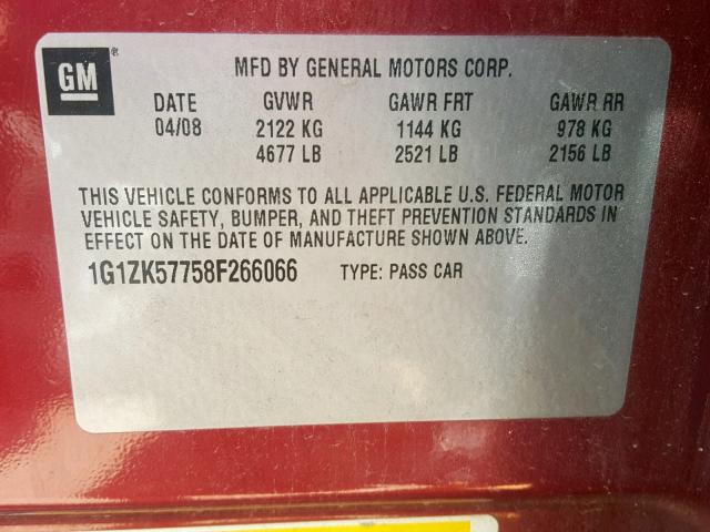 1G1ZK57758F266066 - 2008 CHEVROLET MALIBU LTZ 红色 照片 10