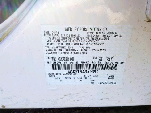 MAJ3P1VE6JC214094 - 2018 FORD ECOSPORT T WHITE photo 10