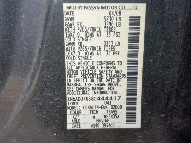 1N6AD07U38C444417 - 2008 NISSAN FRONTIER C GRAY photo 10