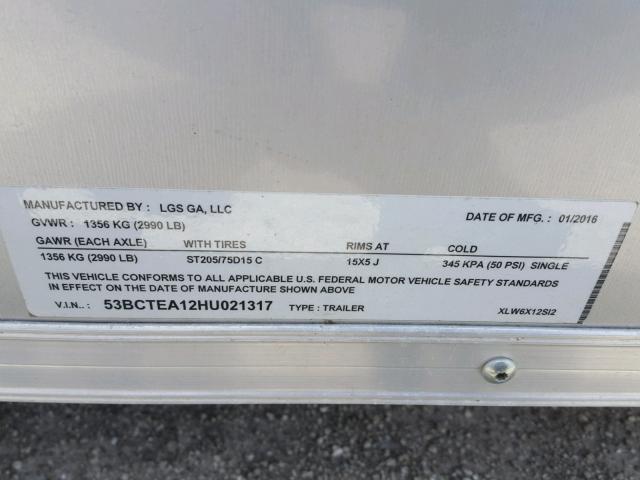 53BCTEA12HU021317 - 2017 CARGO TRAILER SILVER photo 10