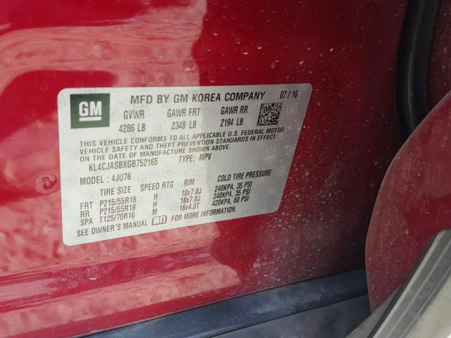 KL4CJASBXGB752165 - 2016 BUICK ENCORE RED photo 10