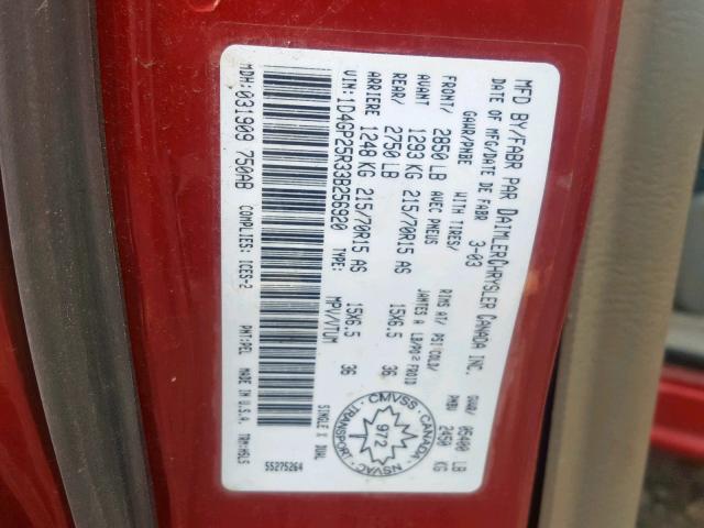 1D4GP25R33B256920 - 2003 DODGE CARAVAN SE RED photo 10