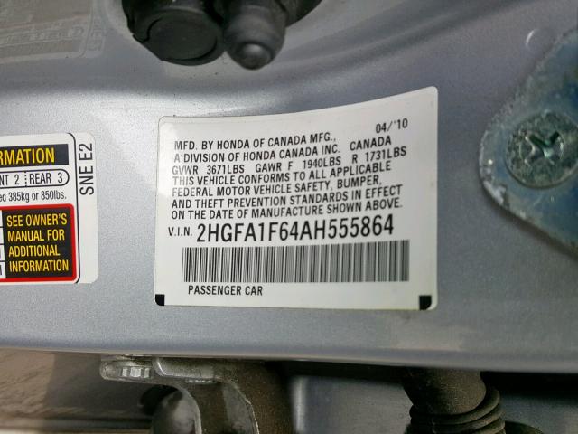 2HGFA1F64AH555864 - 2010 HONDA CIVIC LX-S فضي صورة 10