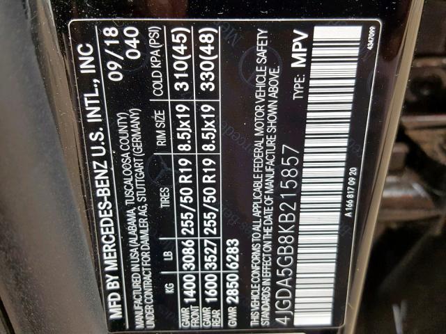 4JGDA5GB8KB215857 - 2019 MERCEDES-BENZ GLE 400 4M BLACK photo 10