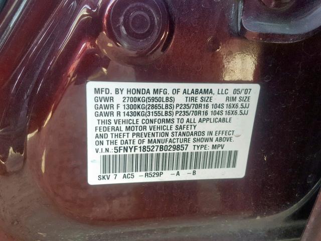 5FNYF18527B029857 - 2007 HONDA PILOT EXL BURGUNDY photo 10