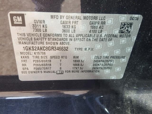 1GKS2AKC8GR346632 - 2016 GMC YUKON SLE GRAY photo 10