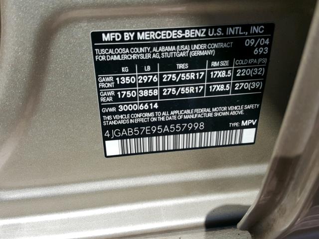 4JGAB57E95A557998 - 2005 MERCEDES-BENZ ML 350 GOLD photo 10