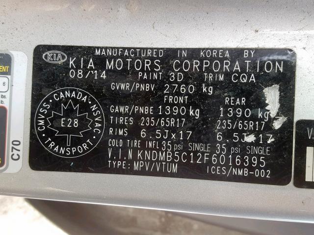 KNDMB5C12F6016395 - 2015 KIA SEDONA LX SILVER photo 10