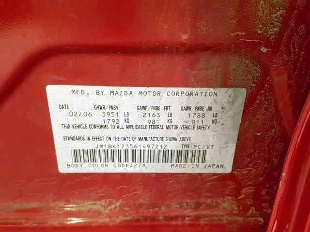 JM1BK123561497212 - 2006 MAZDA 3 S RED photo 9