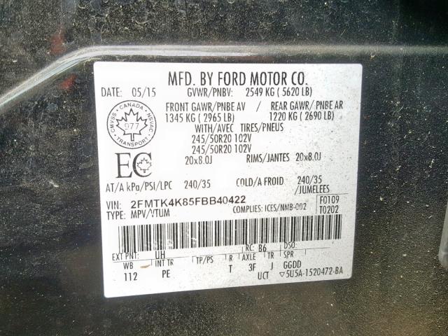 2FMTK4K85FBB40422 - 2015 FORD EDGE TITAN BLACK photo 10