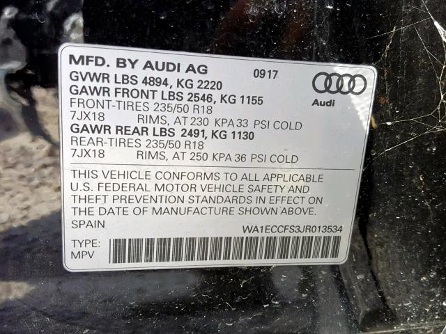 WA1ECCFS3JR013534 - 2018 AUDI Q3 PREMIUM BLACK photo 10