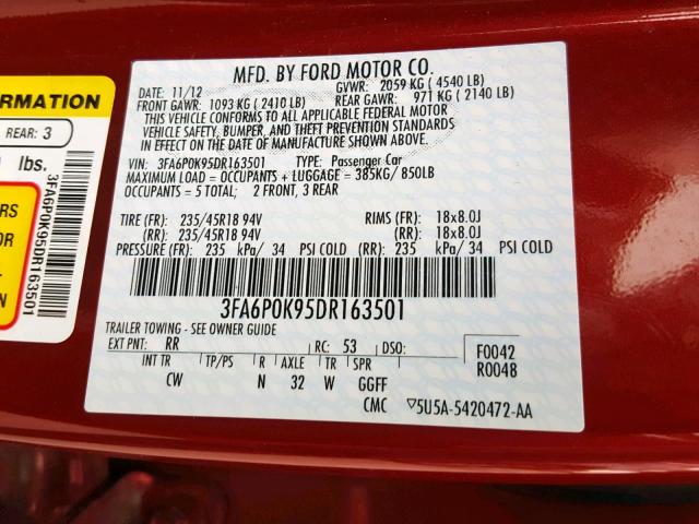 3FA6P0K95DR163501 - 2013 FORD FUSION TIT RED photo 10