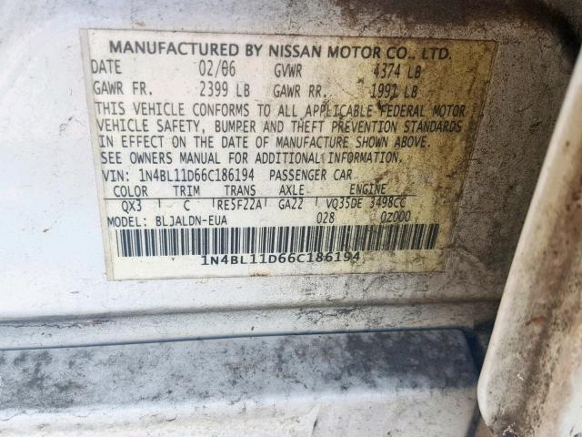 1N4BL11D66C186194 - 2006 NISSAN ALTIMA SE WHITE photo 10